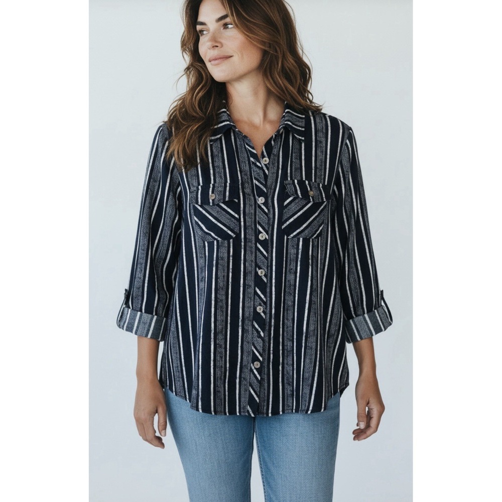 Eden & Olivia Blouse Women's  Medium Roll Tab Sleeve Striped Preppy Office Soft